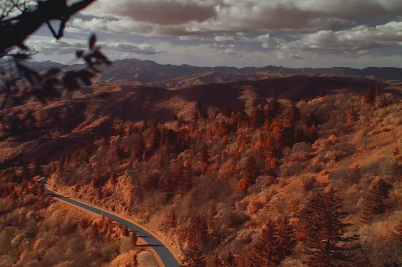 A windy road that comes around the curves of a mountain.